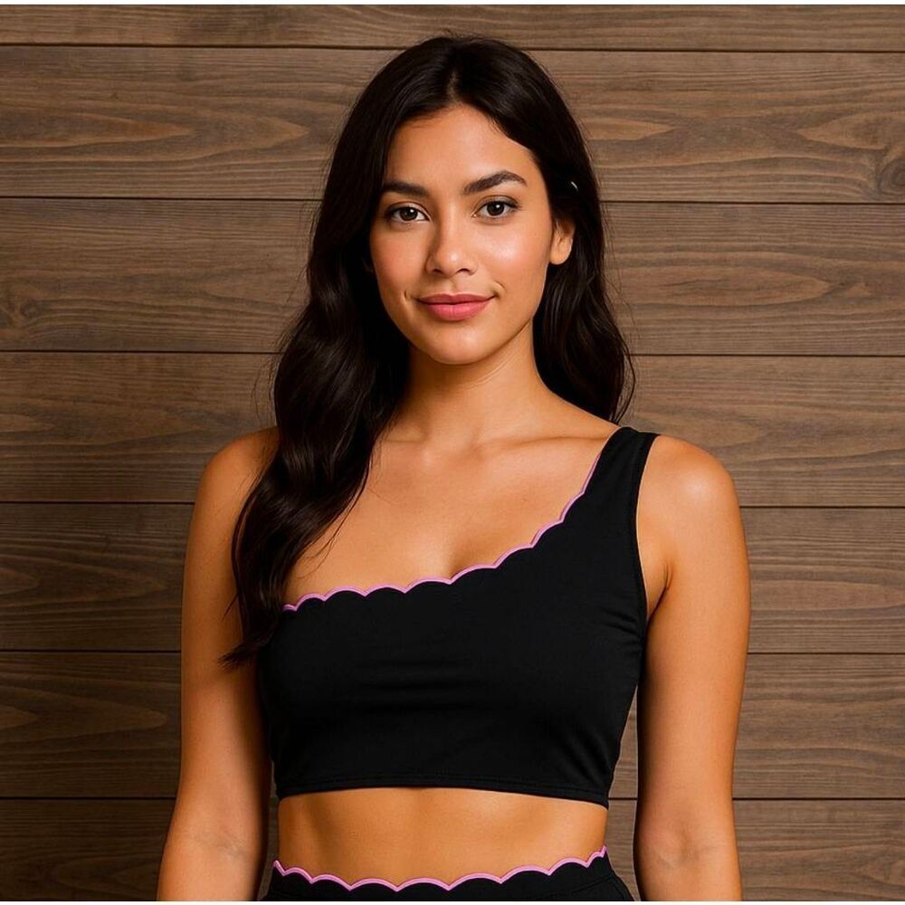Kate Spade One Shoulder Scallop Bikini Top Black Lilac Trim M NWT Strap
